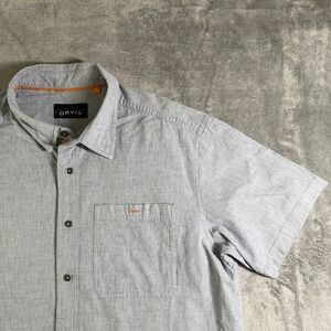 Orvis Mens Short Sleeve Button Down Shirt XL Blue Heathered Trout Outdoor Casual